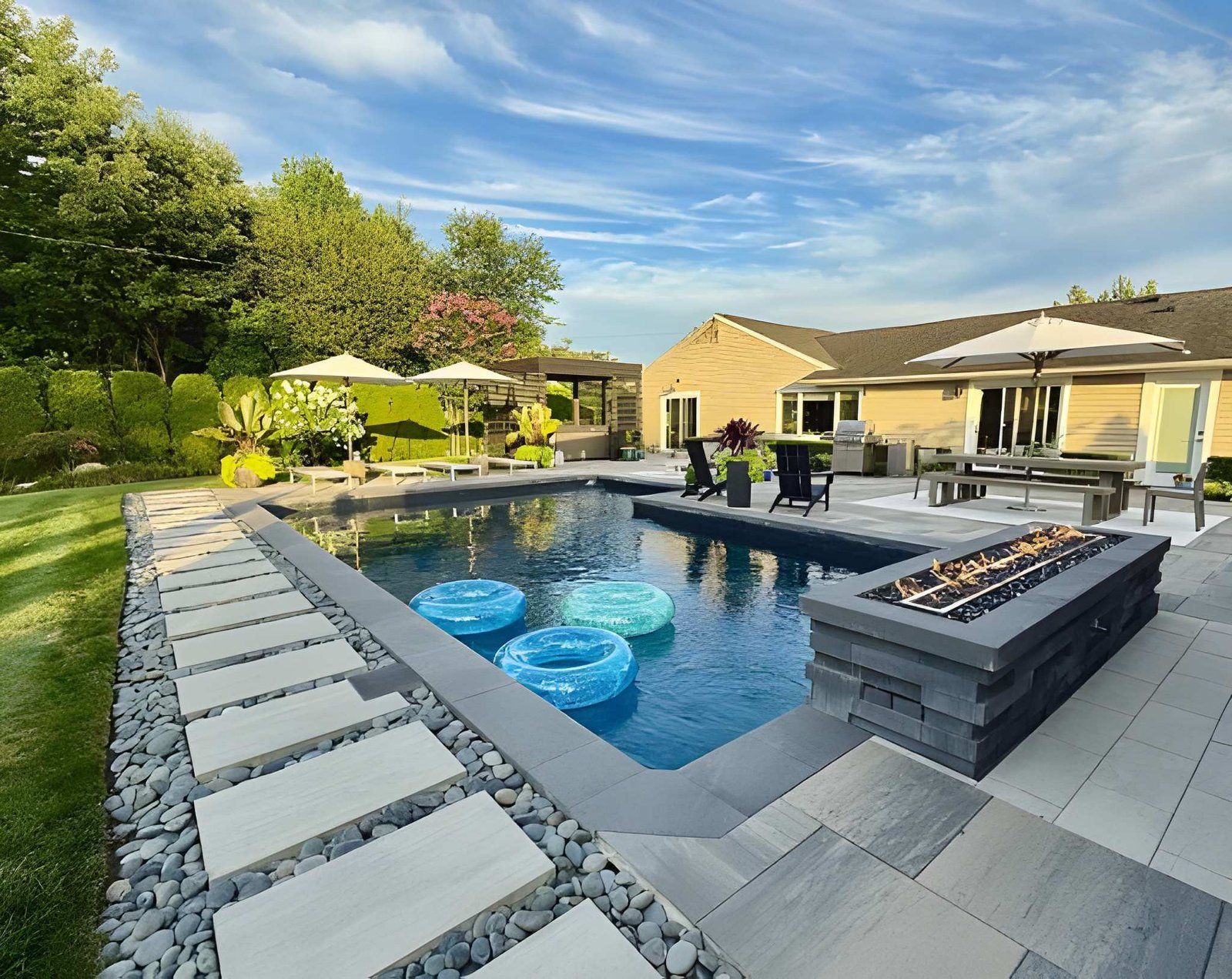 Modern backyard patio with pool, fire pit, lounge chairs, and blue floaties under a sunny sky