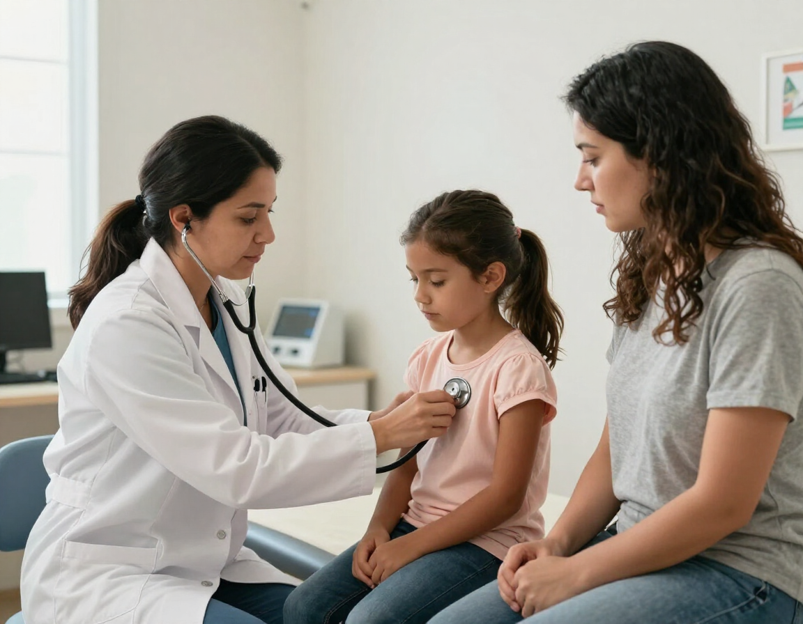 Médico auscultando a un niño pequeño con un estetoscopio, mientras su progenitor está sentado a su lado en una clínica