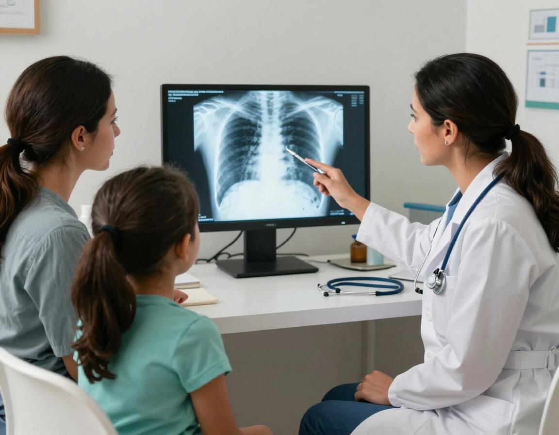 Un médico señala una radiografía de tórax en un monitor mientras habla con dos pacientes en una clínica