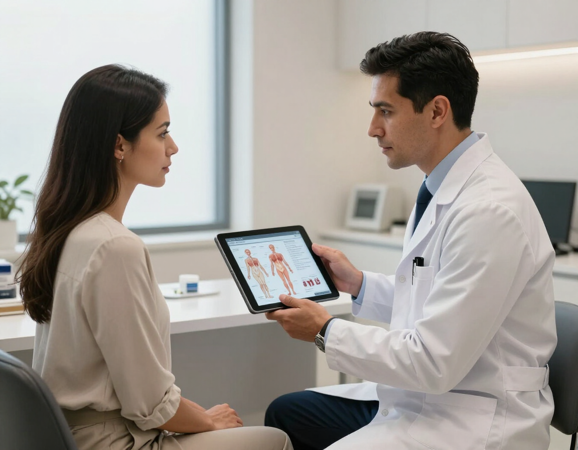 Un médico le muestra unas imágenes médicas en una tableta a un paciente sentado en una consulta luminosa