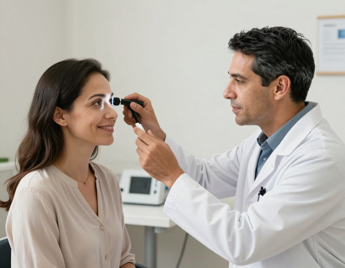 Médico examinando el ojo de un paciente con un oftalmoscopio en una clínica