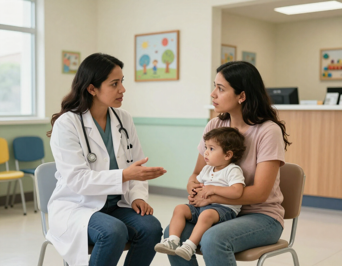 Un médico hablando con una madre que sostiene a su hijo en la sala de espera de una clínica.