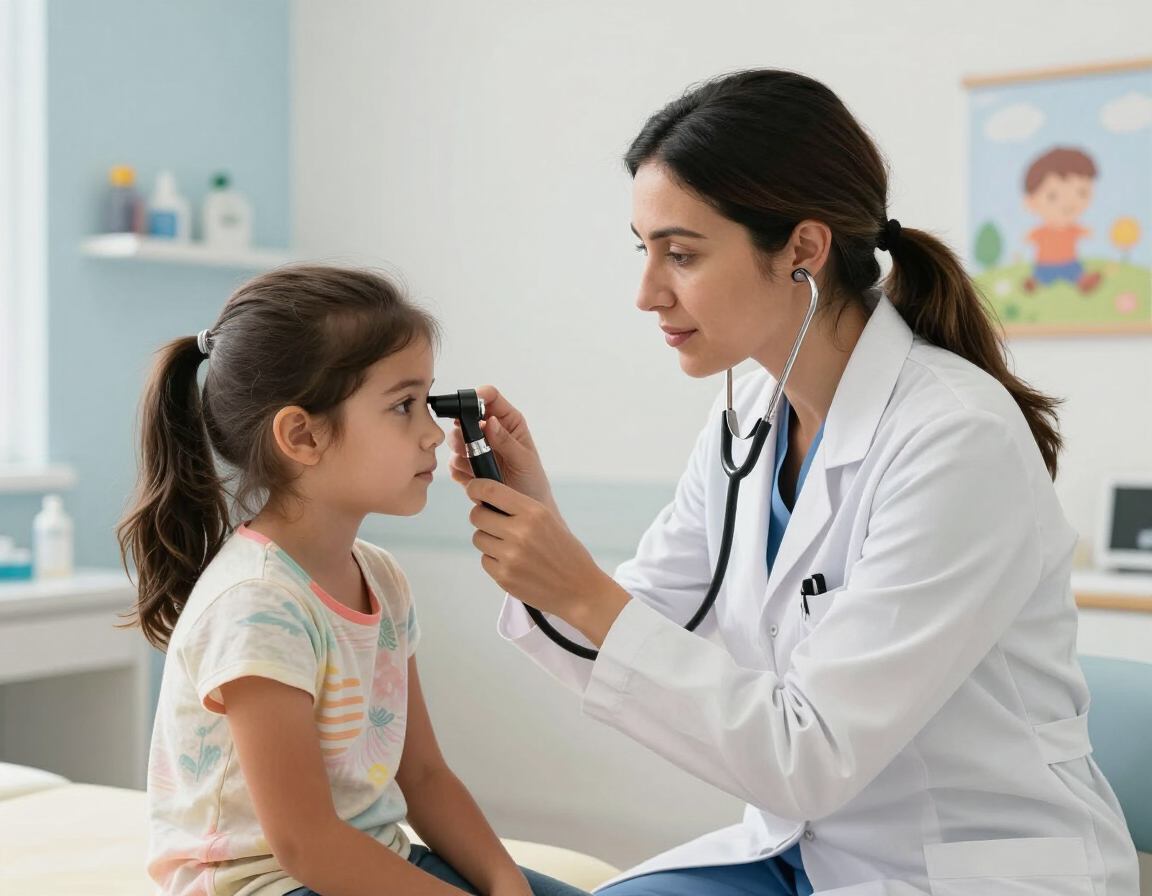 Médico examinando el ojo de un niño con un oftalmoscopio en una consulta médica