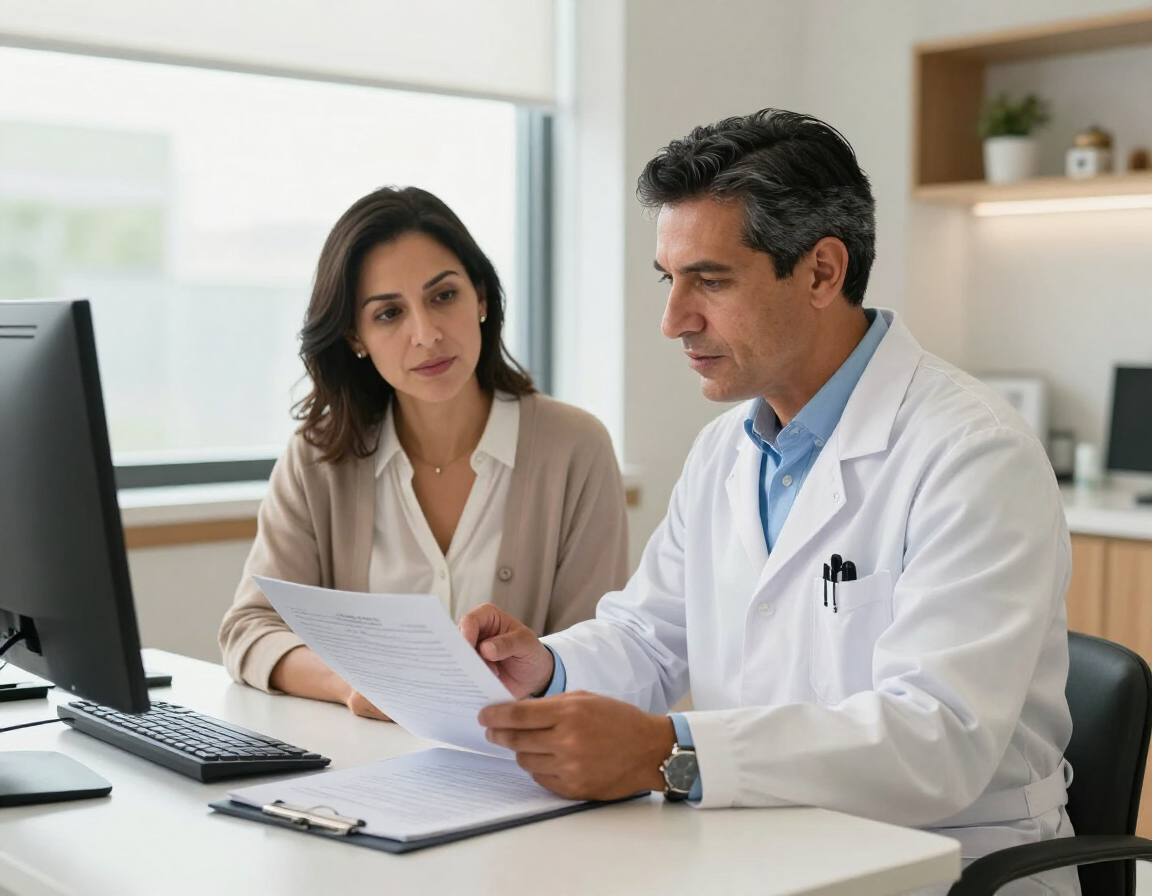 Un médico revisa documentación con un colega en una oficina luminosa, sentado junto a un ordenador.
