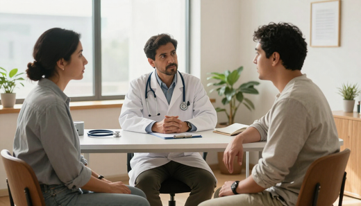Médico conversando con dos pacientes sentados en una consulta luminosa