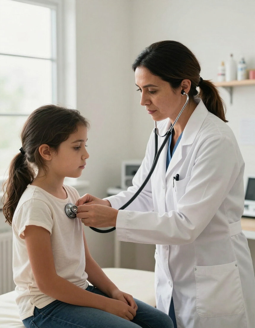 Un médico usa un estetoscopio para examinar a un paciente joven en una consulta