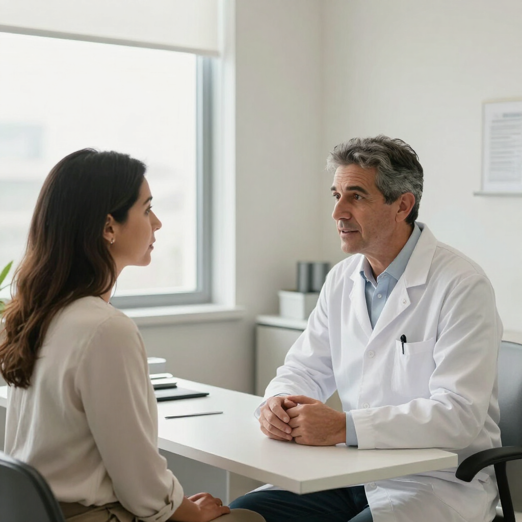 Paciente y médico hablando en una consulta luminosa, sentados uno frente al otro, con un escritorio entre ambos