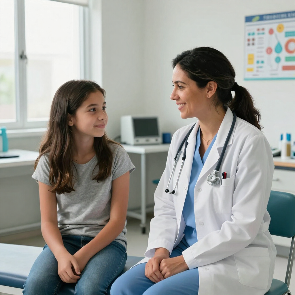 Un médico consulta con una madre y su hijo en un escritorio, mientras escribe en una carpeta en una clínica.