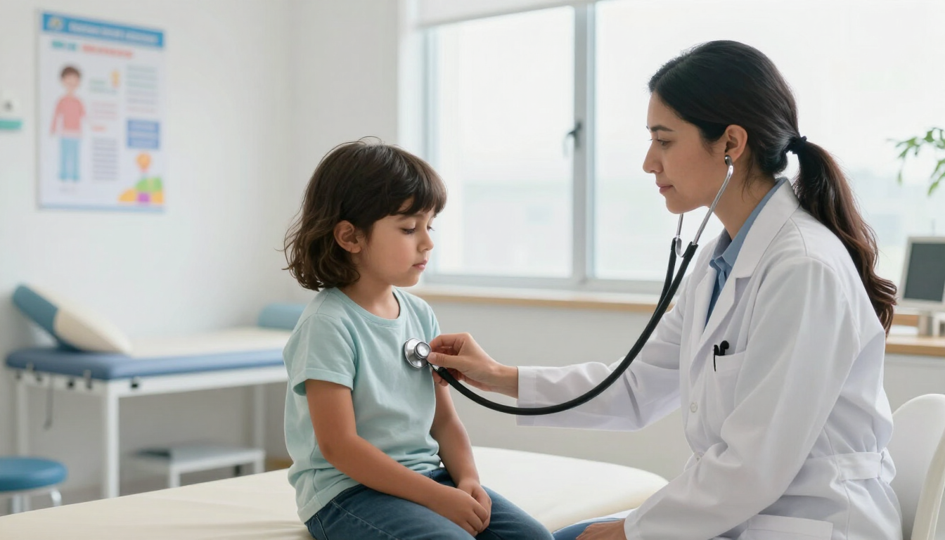 Un médico hablando con un padre y un niño en la sala de espera de una clínica pediátrica