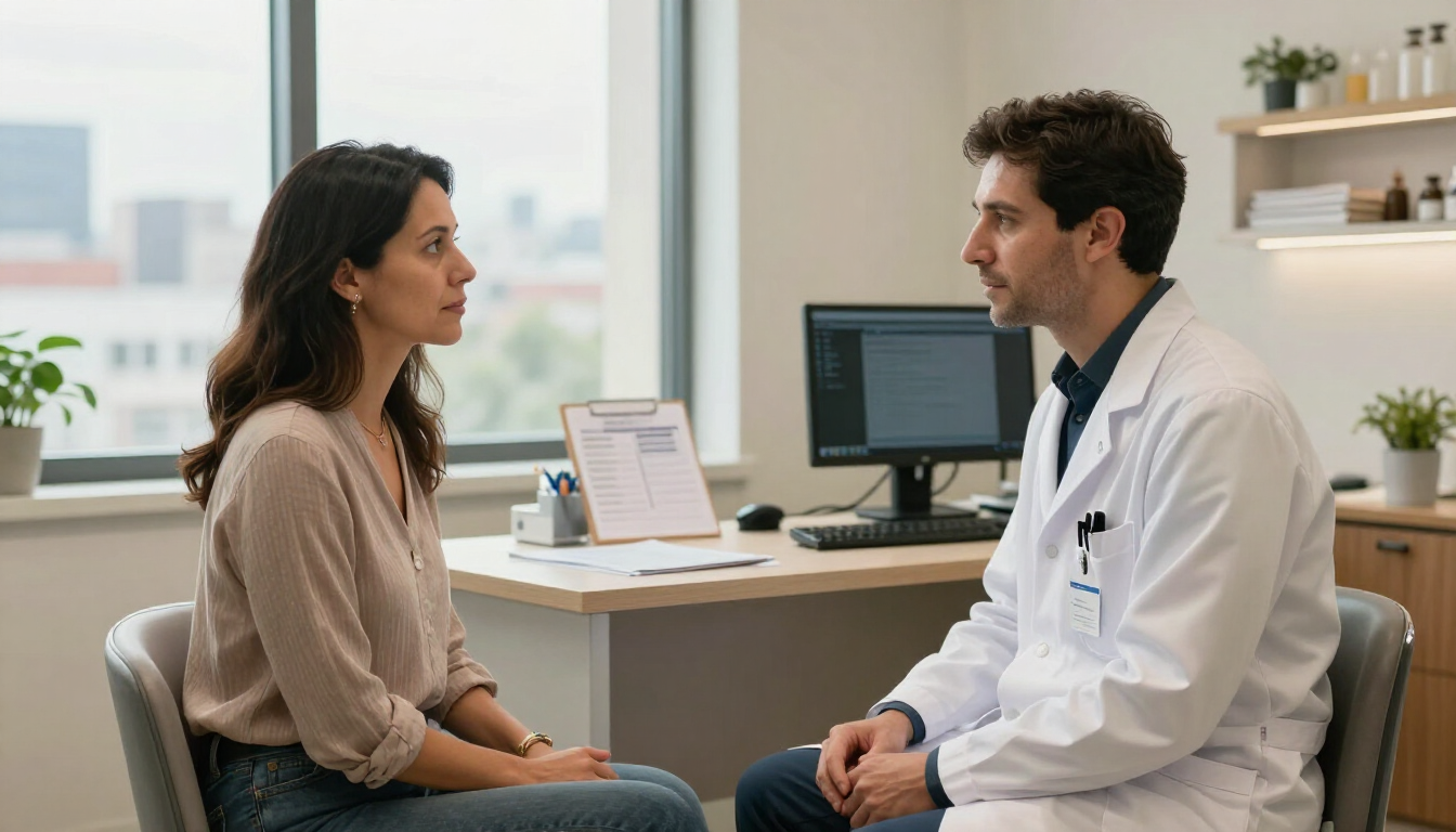 Un médico consulta con un paciente en una consulta luminosa. 