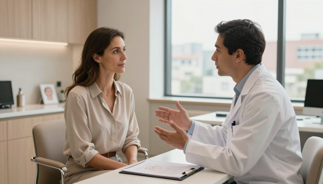Un médico habla con un paciente en una consulta luminosa. Ambos están sentados, uno frente al otro.