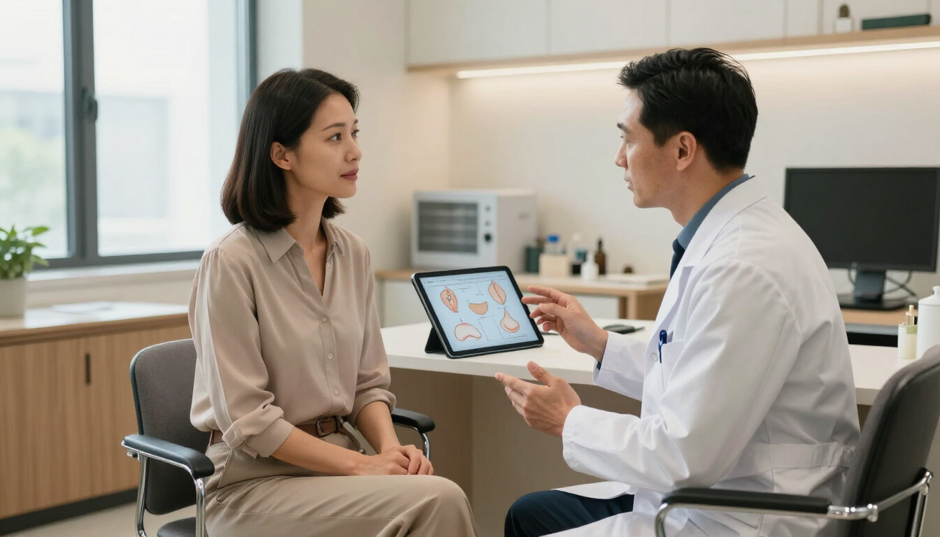 Médico mostrándole una tableta a un paciente sentado en una consulta luminosa