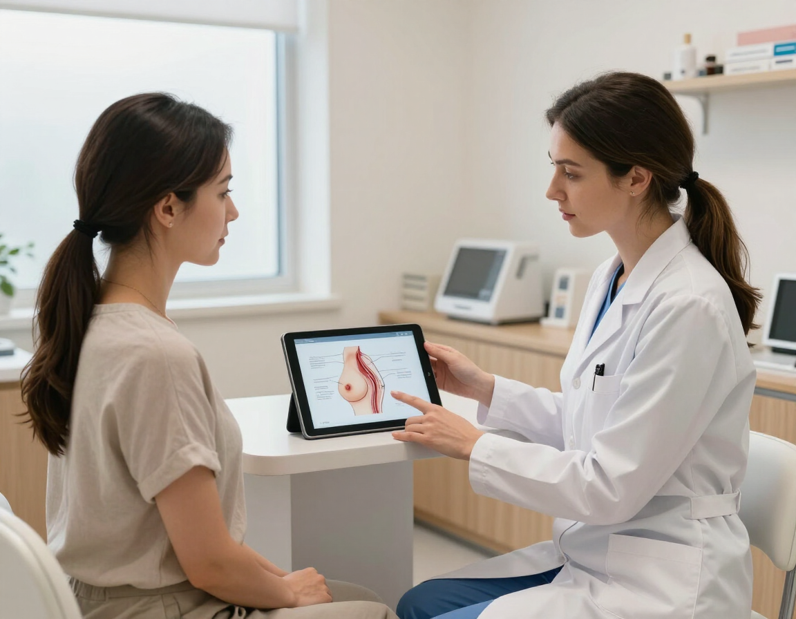 Un médico muestra una tomografía en una tableta a un paciente sentado en una consulta luminosa