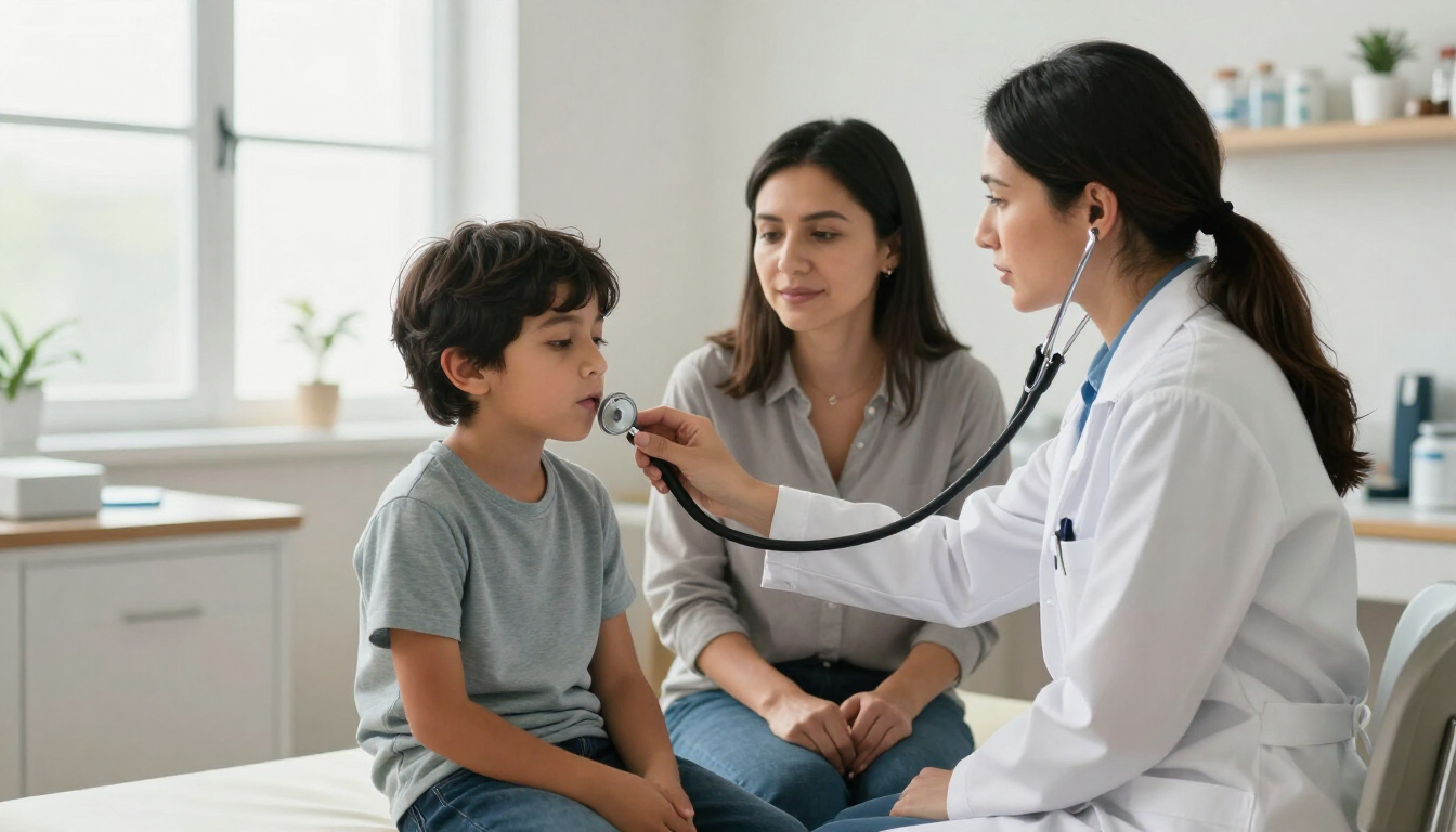 Un médico hablando con dos pacientes en una consulta luminosa