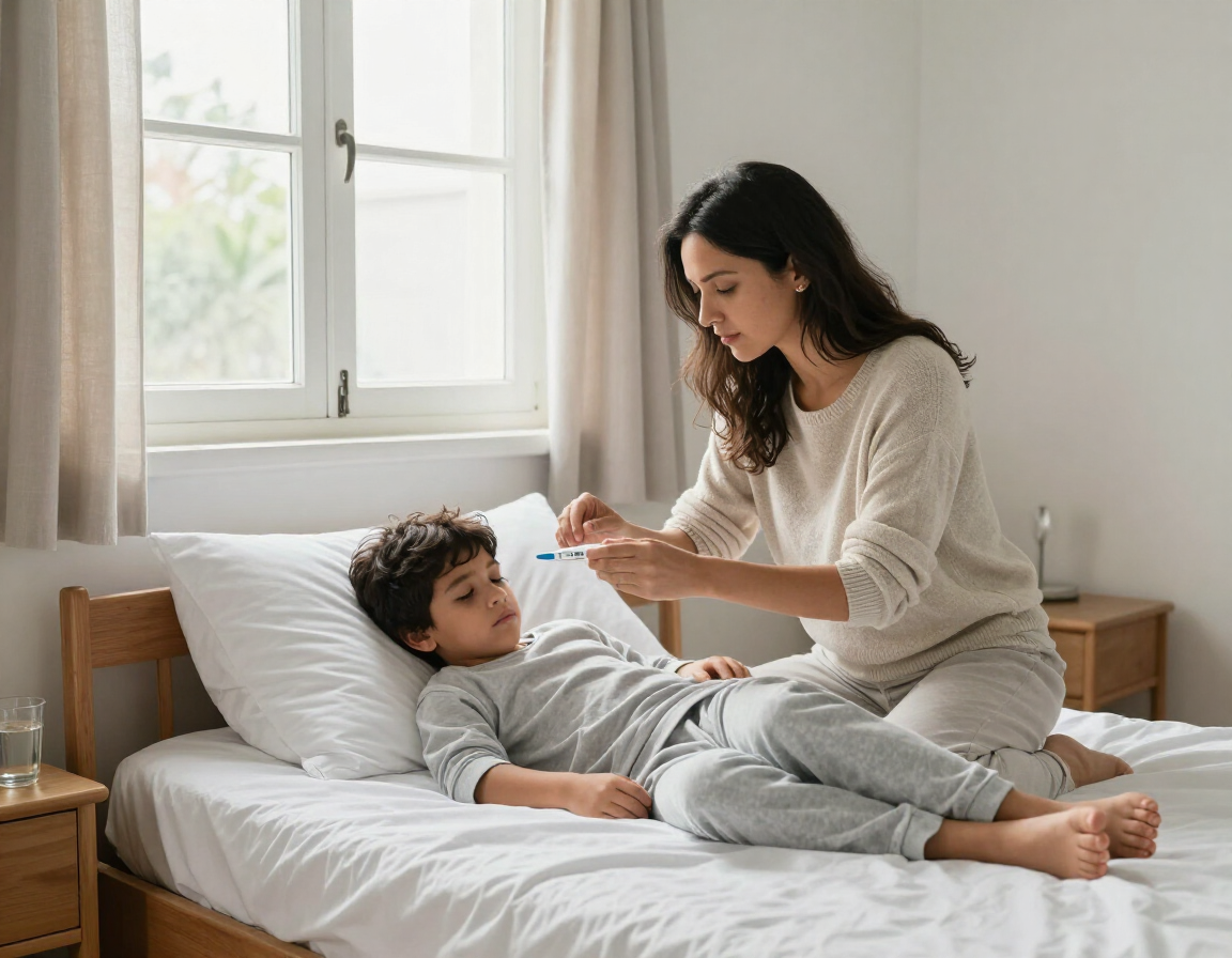 Una mujer cuidando a un niño enfermo en la cama, junto a una ventana luminosa