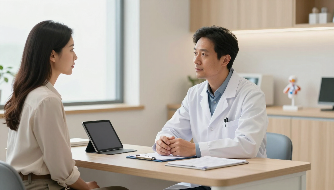 Un paciente y un médico conversan en una consulta luminosa, con una tableta sobre el escritorio.