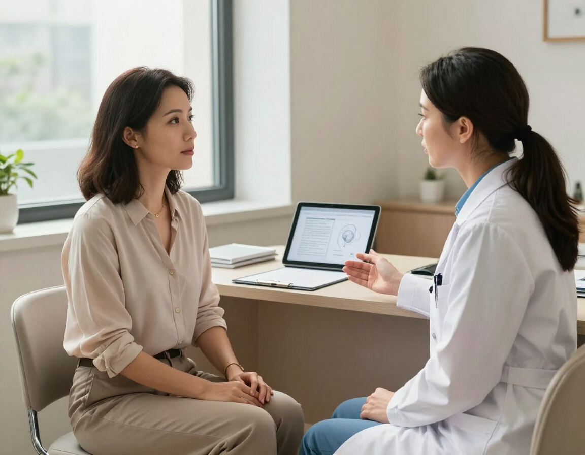 Médico consultando a un paciente sentado en una clínica luminosa, con una tableta sobre el escritorio.