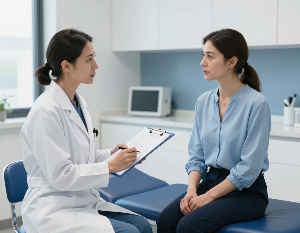 Un médico consulta con un paciente en una sala de exploración luminosa y sostiene una tabla con sujetapapeles.