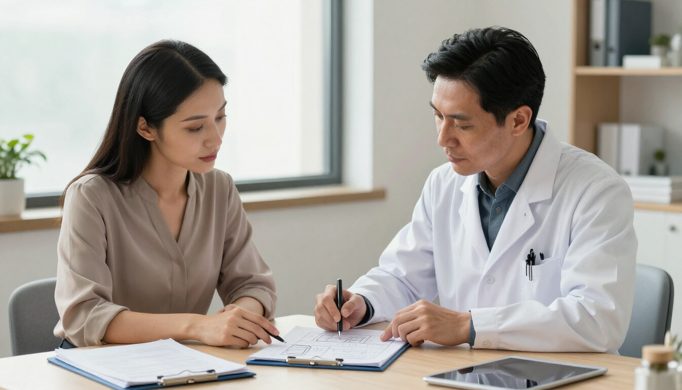 Un médico habla con un paciente en una consulta luminosa, con un portátil sobre el escritorio.