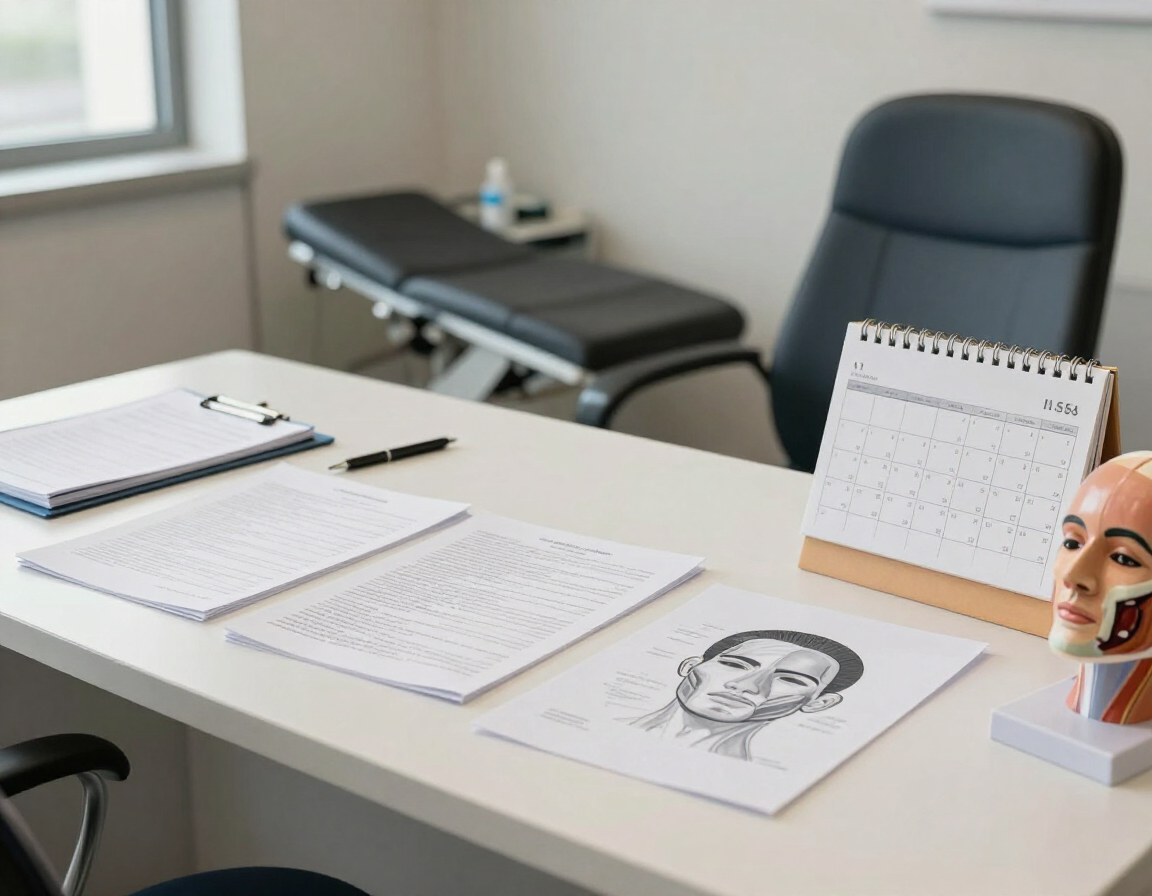 Mostrador de clínica con papeles, un boceto, un calendario y una silla de exploración en una consulta luminosa