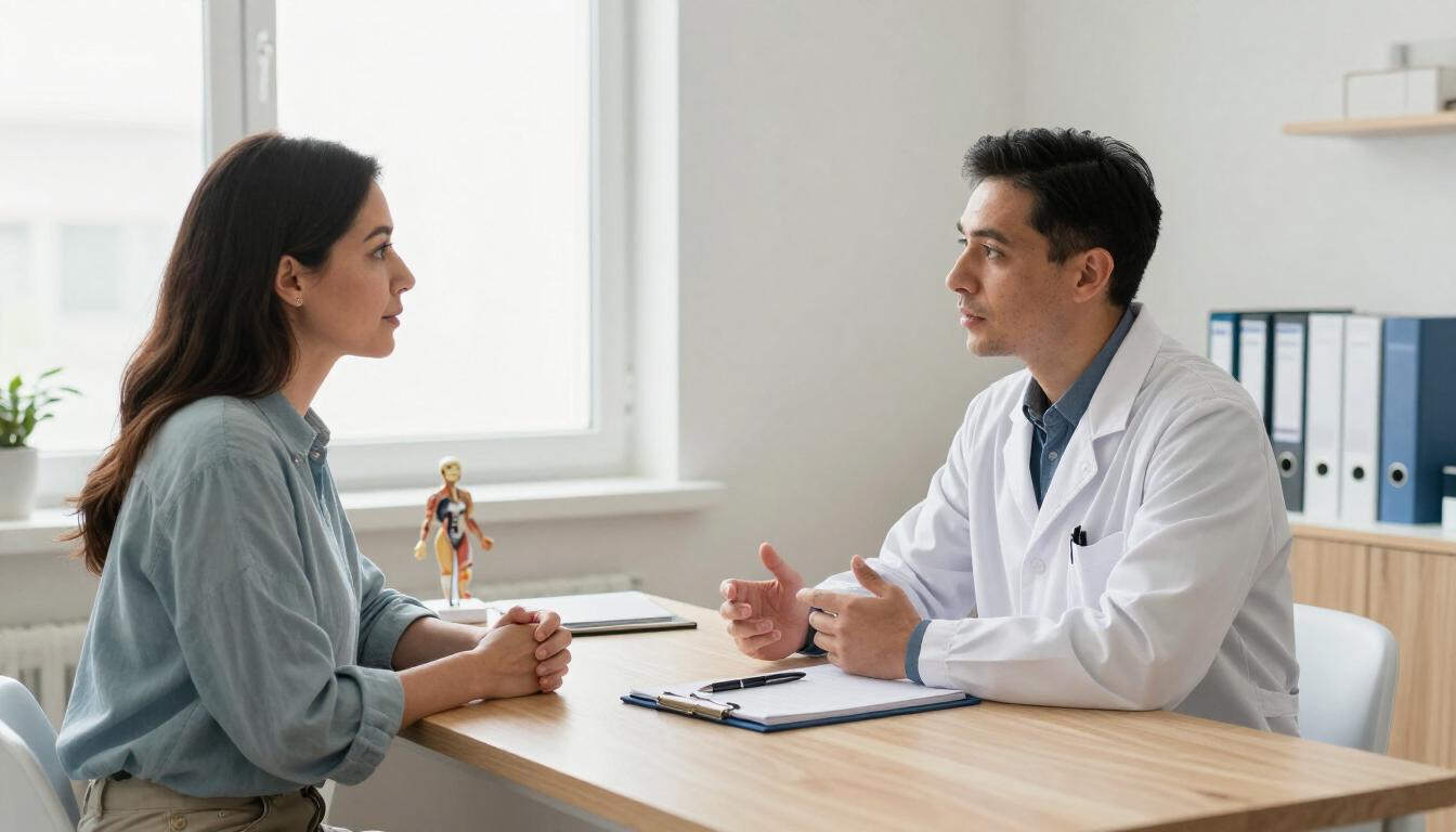 Médico hablando con un paciente en un escritorio, en una consulta luminosa con carpetas médicas al fondo