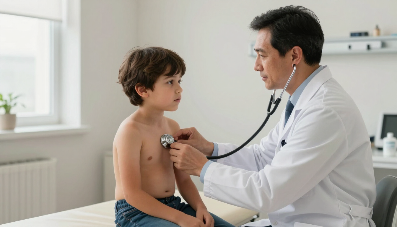 Médico auscultando el pecho de un niño con un estetoscopio en una consulta luminosa