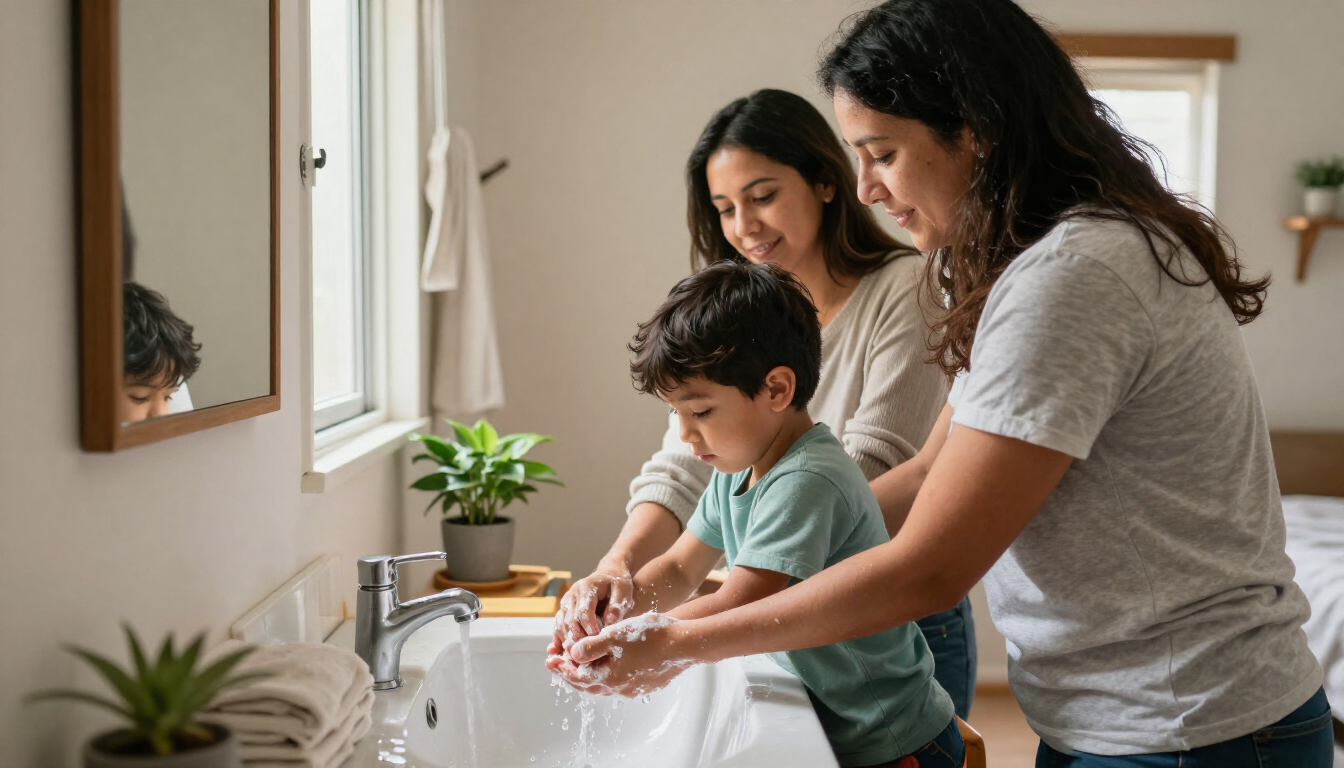 Una mujer y un niño se lavan las manos juntos en el lavabo del baño, con un adulto cerca para ayudarles