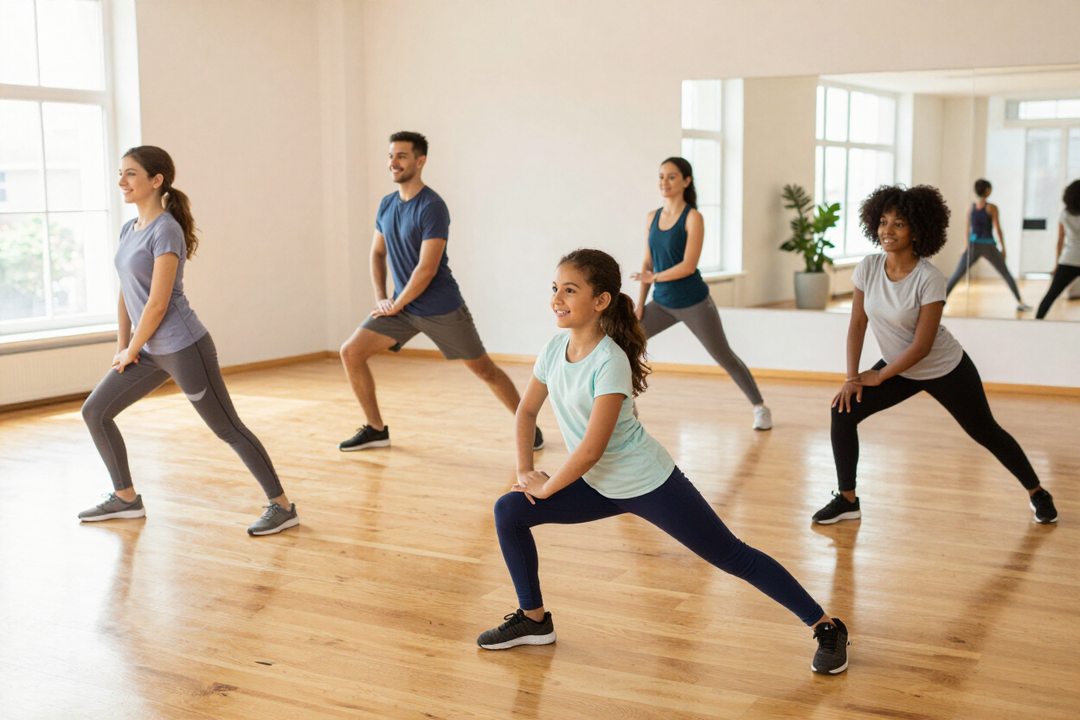 A diverse family stretching and exercising together inside MVP Gym