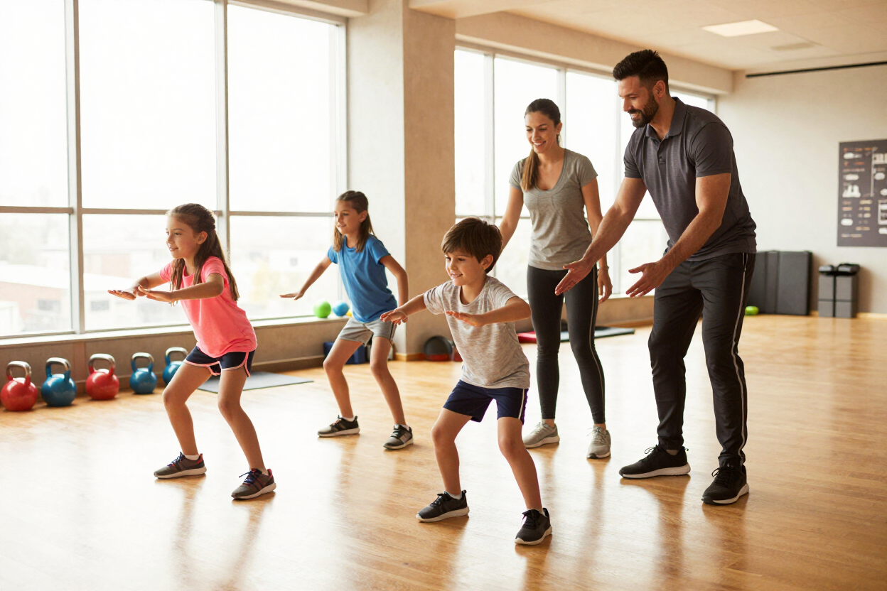 A family of four training together in a bright gym space with a coach in the background