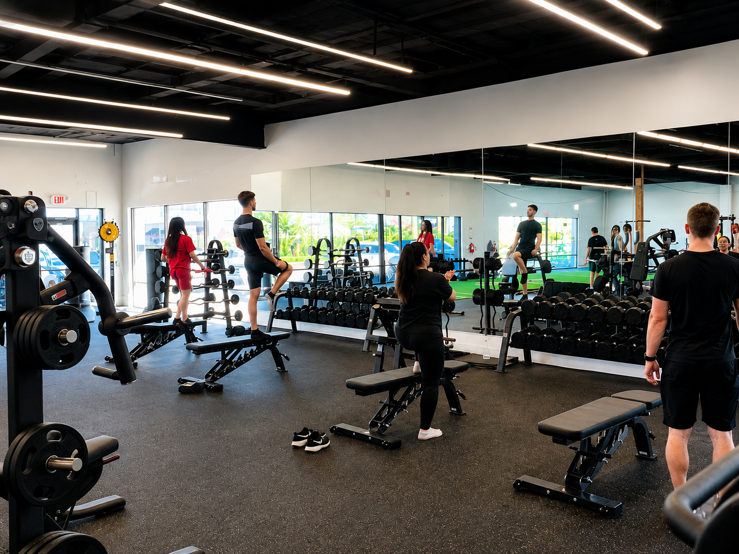 Group fitness class in session with coach leading adults on the gym floor