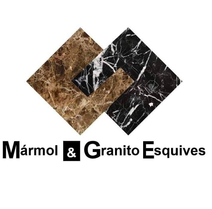 Logo de Mármol & Granito Esquives con dos rombos de piedra marrón y negra entrelazados.