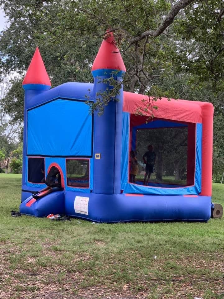 Blue and red castle bounce house with slide and mesh window in a grassy yard