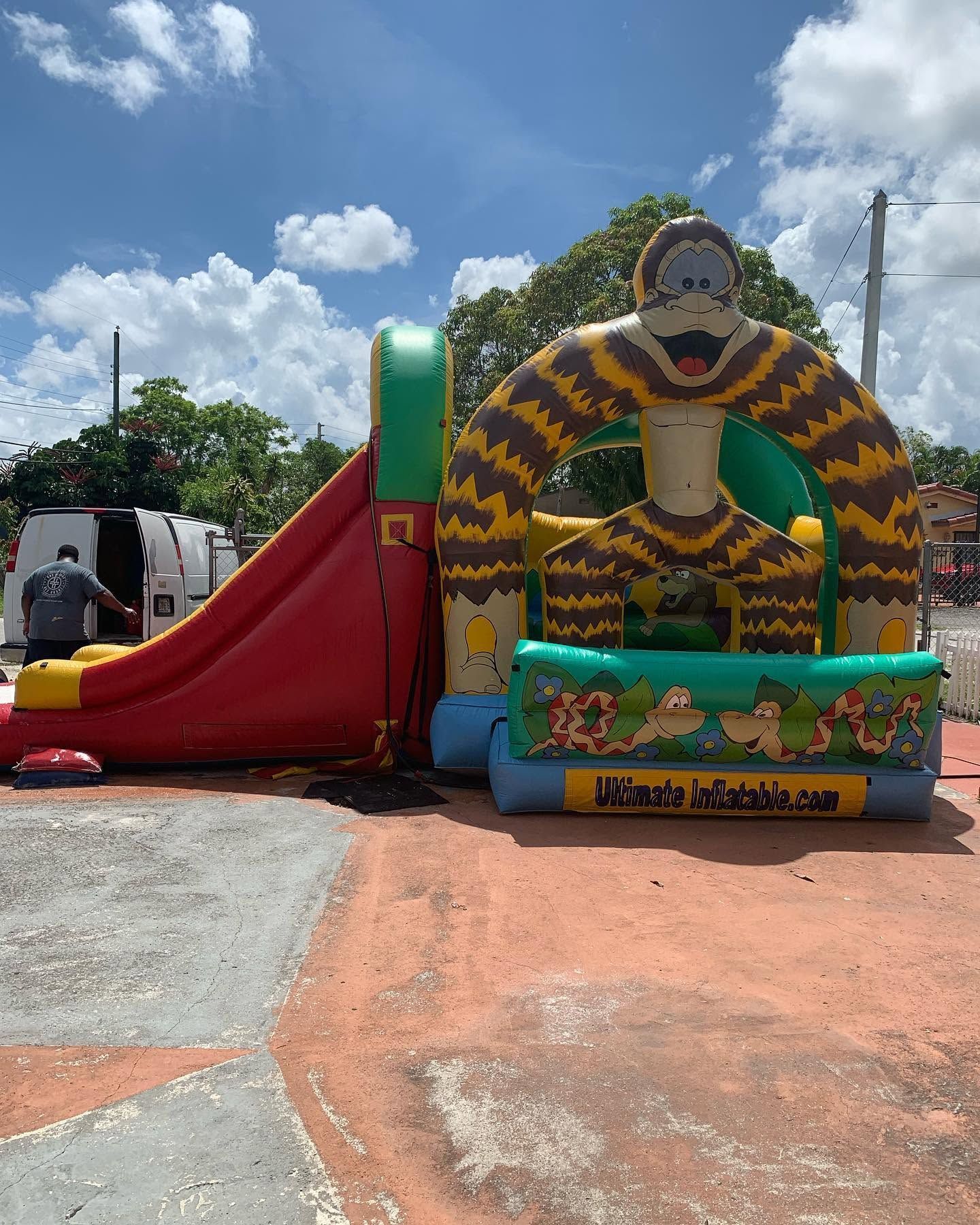 Inflatable jungle-themed slide and bounce house with red slide under a partly cloudy sky