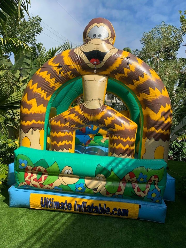 Inflatable Bugs Bunny bounce house with green and yellow arch in a sunny backyard