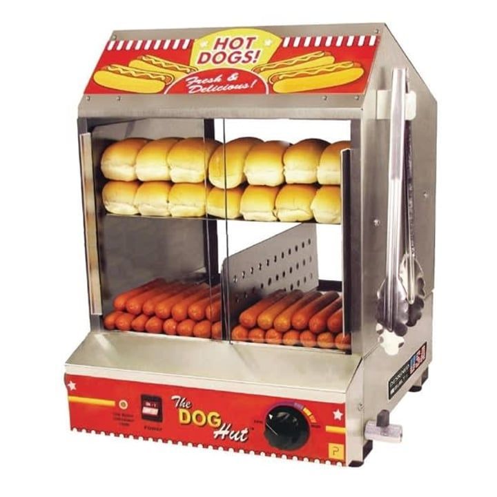 Hot dog warmer with buns on top and sausages below in a red metal display case
