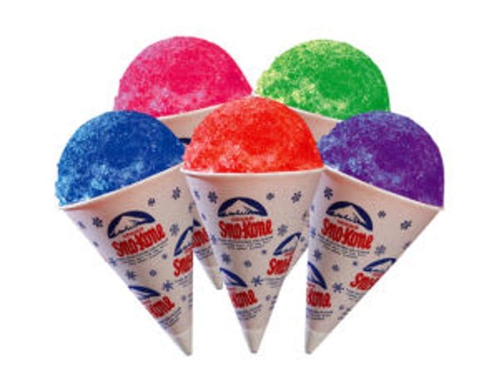 Five colorful snow cones in paper cups: pink, green, blue, red, and purple on a white background