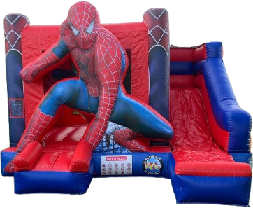Spider-Man-themed red and blue inflatable bounce house with slide and climbing steps