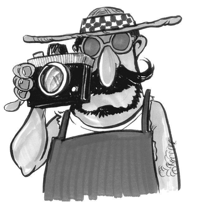 A black and white drawing of a man holding a camera
