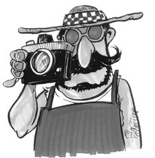 A black and white drawing of a man holding a camera