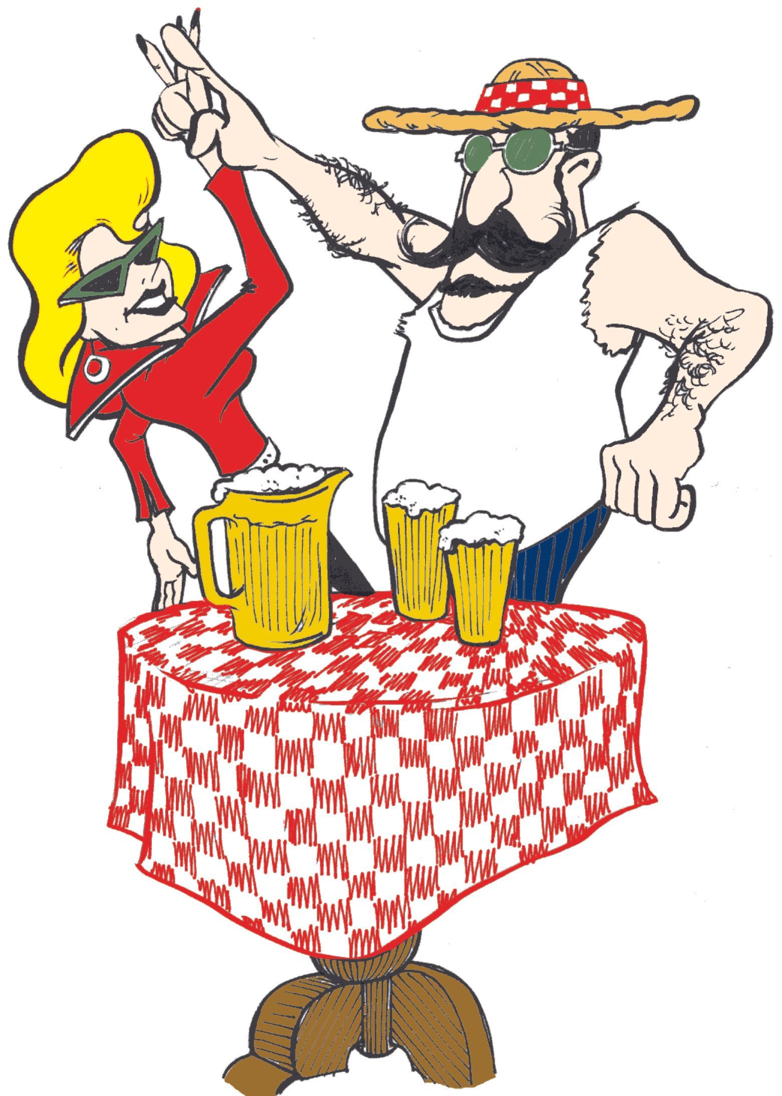 A man and a woman are sitting at a table with pitchers of beer