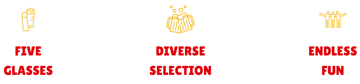 A white background with red text that says five classes diverse selection endless fun
