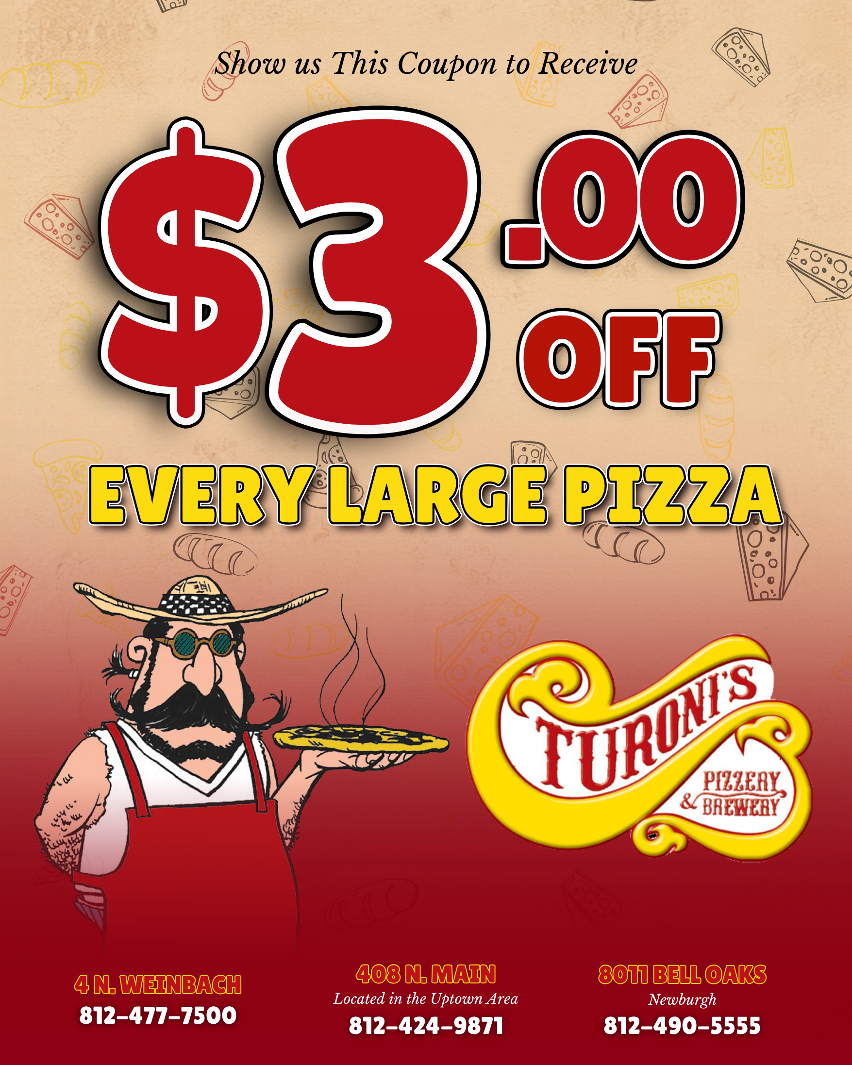 A coupon for $ 3.00 off any large pizza