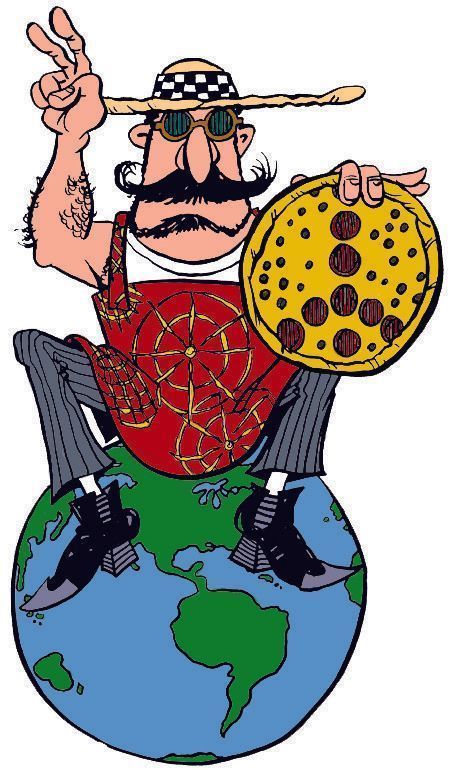 A cartoon of a man sitting on top of a globe holding a pizza
