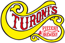 The logo for turoni 's pizzeria and brewery is yellow and red.