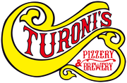The logo for turoni 's pizzeria and brewery is yellow and red.