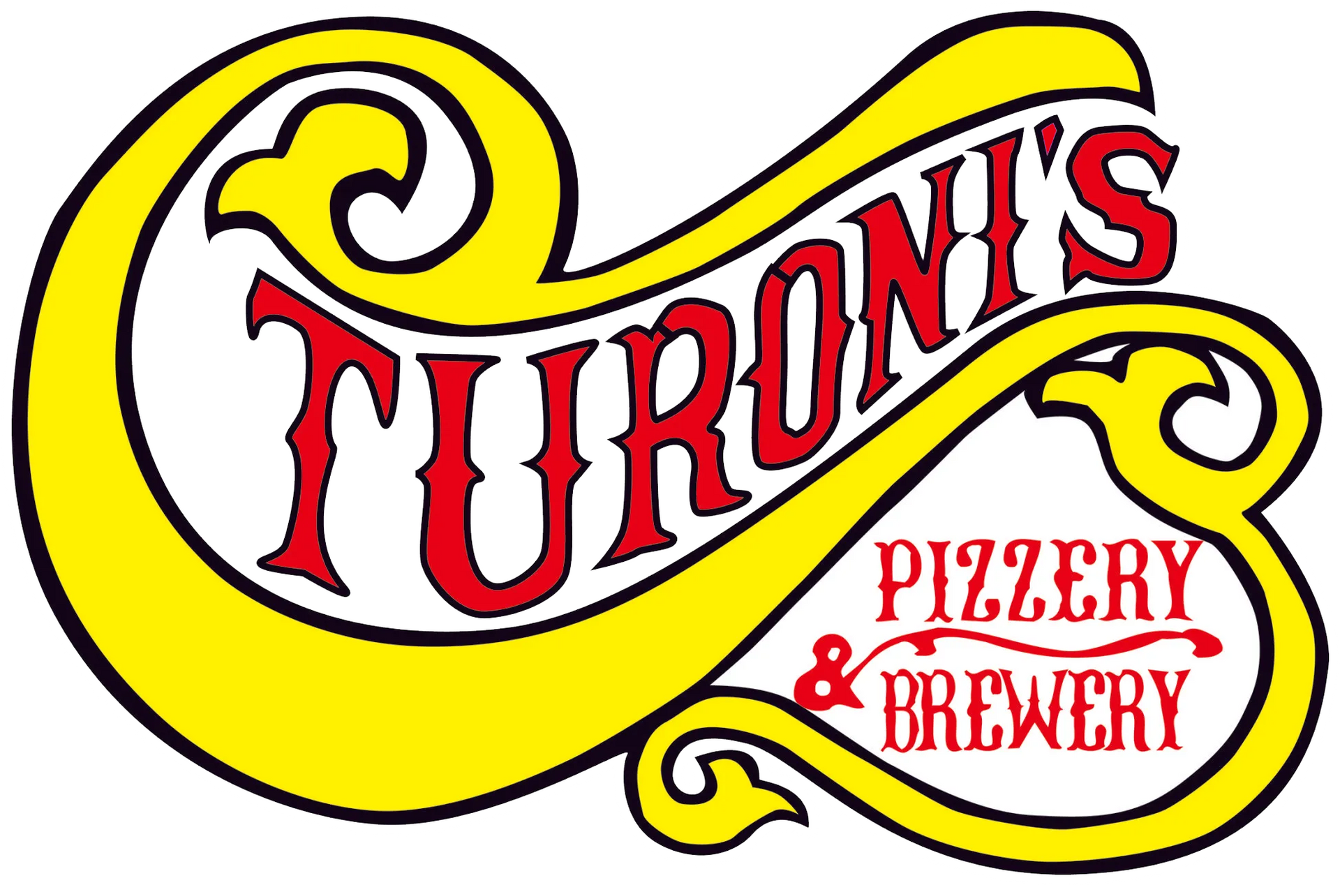 The logo for turoni 's pizzeria and brewery is yellow and red.