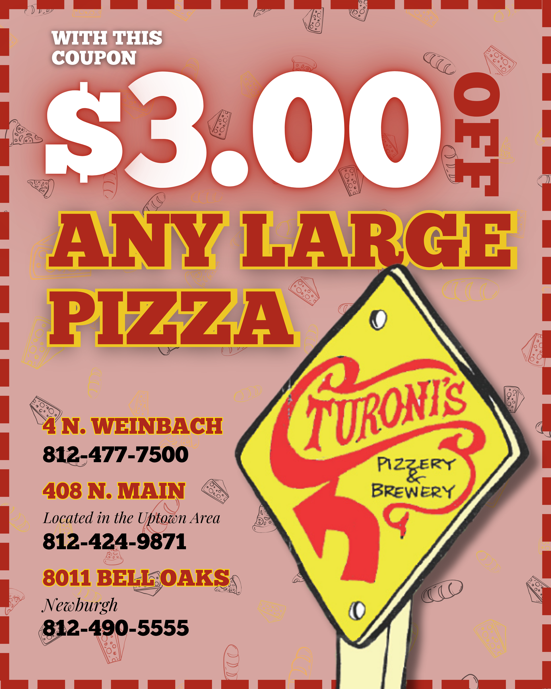 A coupon for $ 3.00 off any large pizza
