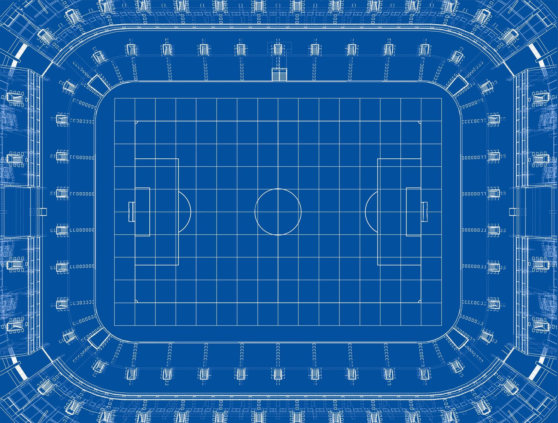 A blue and white drawing of a soccer field