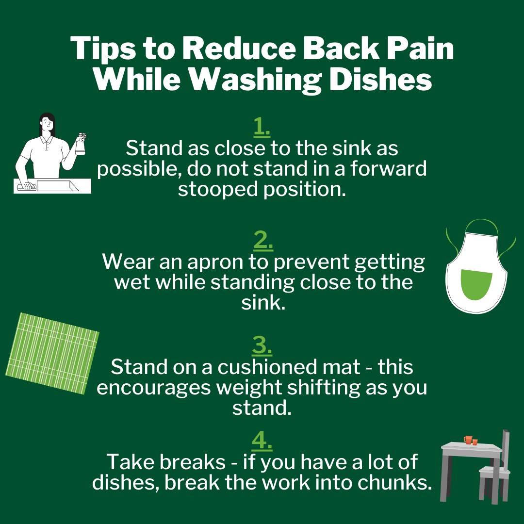 A poster with tips to reduce back pain while washing dishes