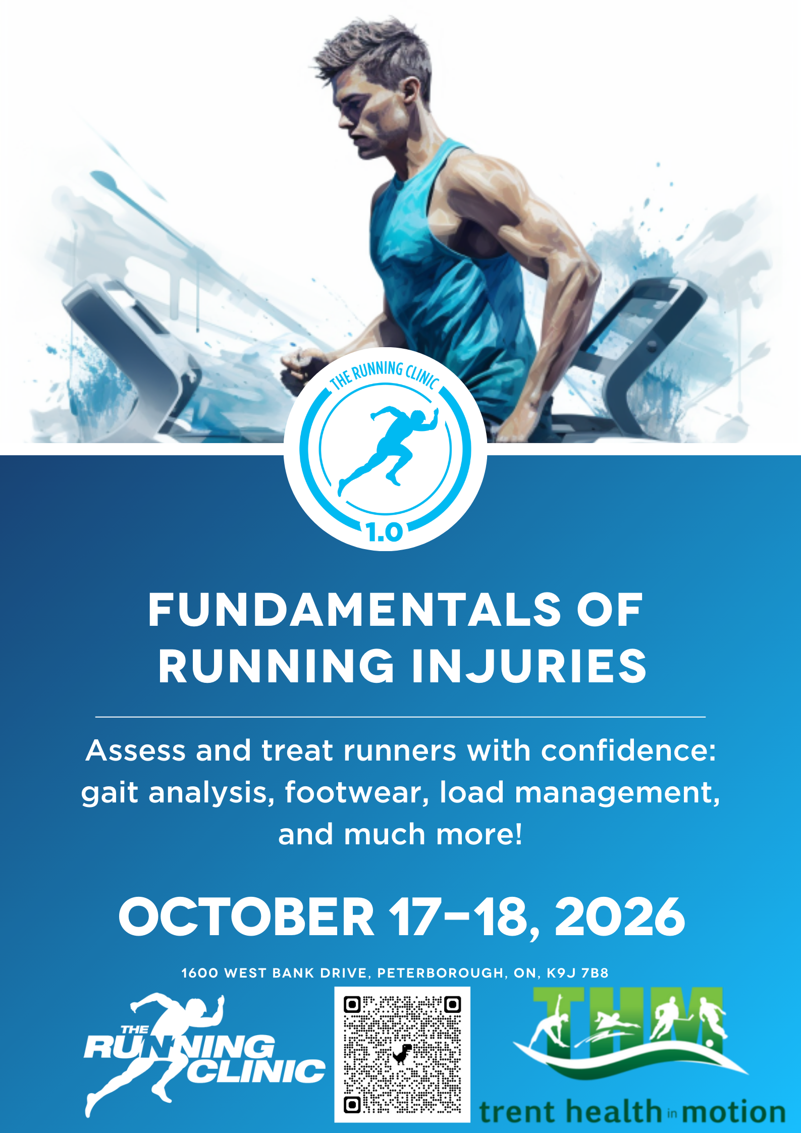 Poster for “Fundamentals of Running Injuries,” with runner illustration and Oct 17–18, 2026 dates